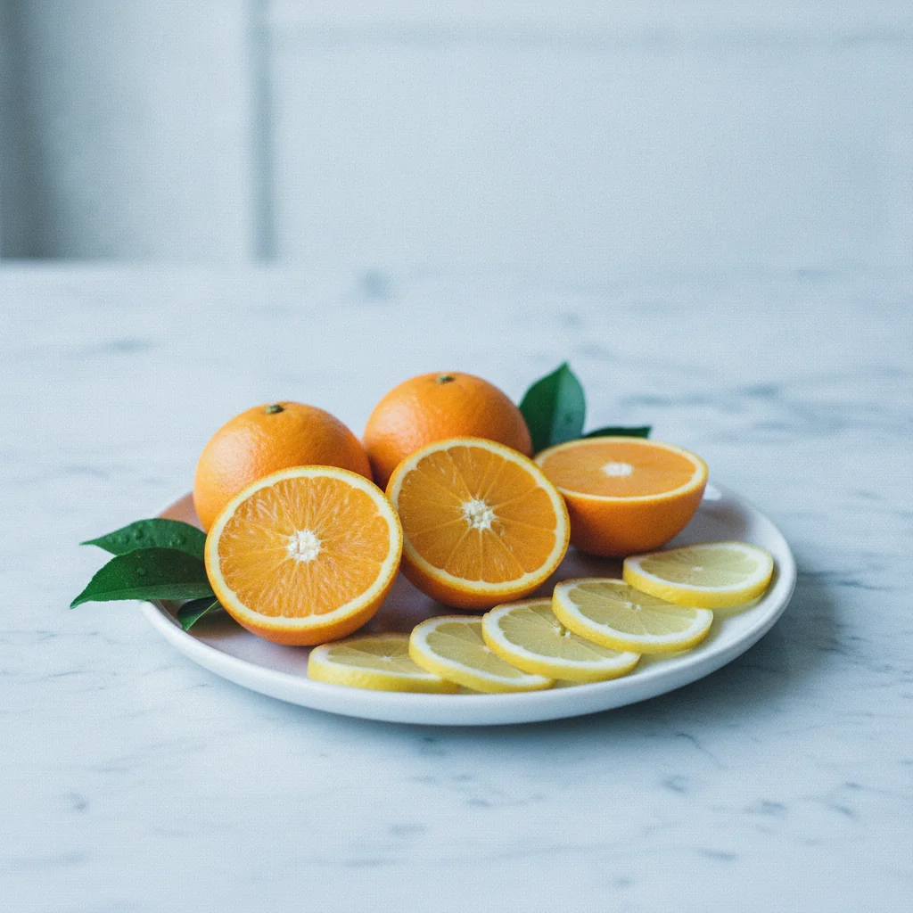 Apelsiner och citrusfrukter på en ljus köksyta